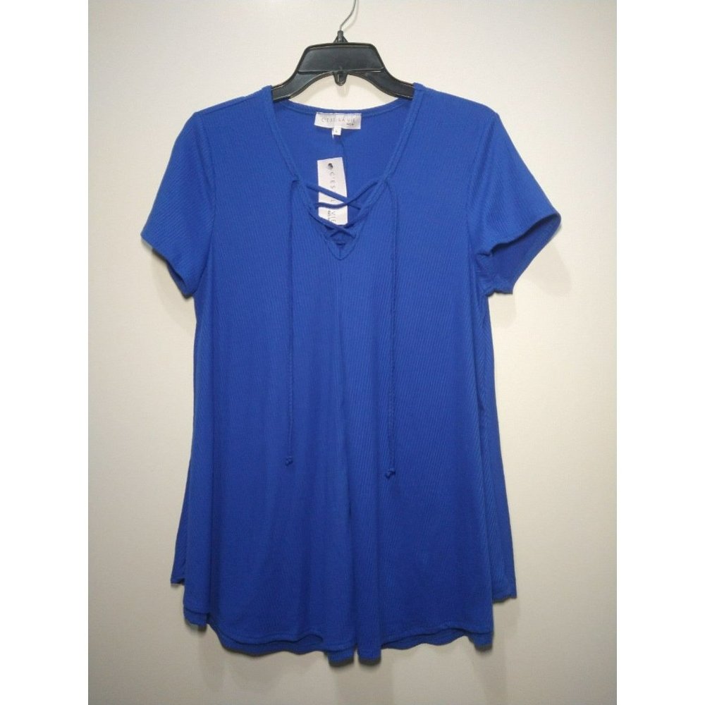 Royal Blue Ribbed knit fit and flare blouse with lace up chest detail size L